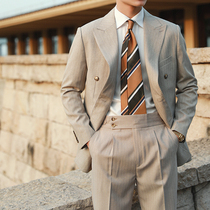 Casual striped suit mens all-match fashion gentleman double-breasted split collar jacket Retro Italian slim-fit suit