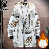Playboy 2021 Spring and Autumn Winter windbreaker mens coat long hooded Tide brand plus velvet thick hip hop sweater