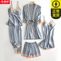 Spring and Autumn pajamas Female sense five-piece suit Silk thin night dress Summer ice silk womens nightgown with chest pad Summer