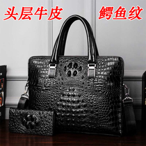  Leather crocodile pattern briefcase mens handbag first layer cowhide shoulder bag business bag pure leather casual horizontal tide