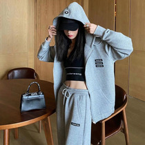 Waffle Net celebrity brand sportswear casual suit women Spring and Autumn thin fashion high-end hooded sweater two-piece set