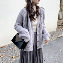 Net red twist sweater knitted cardigan womens spring and autumn 2021 New wear loose lazy Sweet Taro purple coat