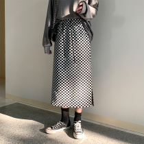 Checkerboard knitted skirt women autumn and winter New niche design sense retro harbor wind high waist lattice skirt A- line dress