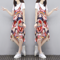 Mealis summer 2021 new loose thin medium long casual two-piece set printed chiffon strap dress female