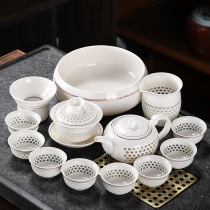 Light luxury ceramic skeletonized home simple kung fu tea set tea cup meeting guest white porcelain set teapot lid bowl bubble office