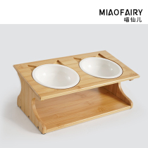 Cat Bowl Solid Wood Cat Dining Table Ceramic Bowl Non-slip Diagonal Opening Cervical Spine Special Cat Rice Basin Pet Bowl Table Dog Bowl