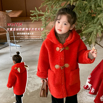 Girls' Coat Fall Winter New Year Red Children's Long Lamb Coat Baby Hooded Woolen Coat