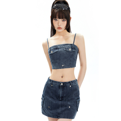 taobao agent Retro set, denim bra top, sexy top with cups, mini-skirt, American style, hip-accented