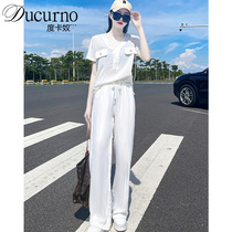 Ducurno Short Sleeve Sports Suit Woman 2022 New White Fashion Foreign Air Casual Broadlegged Pants Two-piece Set