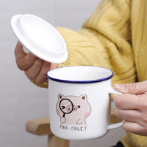 Ceramic mug with lid cartoon pig Cup student children home vintage imitation enamel cup group purchase customization