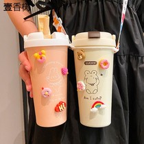 Net red milk tea thermos cup female cute with straw 304 stainless steel students children portable high value water Cup