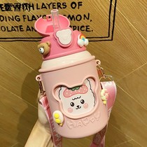 Childrens thermos cup with straws water Cup Cute kindergarten men and women baby drinking cup children portable crossbody kettle