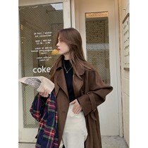 Woolen coat womens knee woolen cloth coat 2021 autumn and winter new solid color long woolen thin