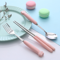 Cartoon tableware fork spoon chopsticks two or three sets of childrens students cute stainless steel travel portable set box Korean style