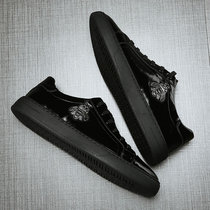 Spring new one foot pedal bright face Soft leather casual wave shoes 2022 trendy genuine leather embroidery board shoes mens leather shoes black