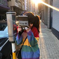 Hipster Sweet Rainbow Striped Sweater Female Korean Lazy Wind Loose Contrast Pullover Student Knit Jacket