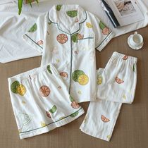Japanese three-piece pajamas short sleeve cotton gauze spring summer cotton Womens thin shorts trousers home wear suit