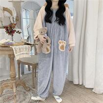 Conjoined pajamas female winter 2021 plus velvet thickened plush velvet autumn and winter students cute cartoon animal home clothing