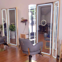 3AM high-end barber shop mirror table hairdressing mirror hair salon special barber shop mirror stainless steel frame with light mirror