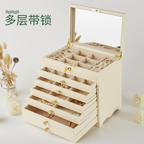 Jewelry box with lock large capacity multi-layer storage box home high-grade exquisite wooden minimalist jewelry box with mirror