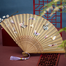 Screen moon embroidery ancient style folding fan Hanfu ancient costume Chinese style gift womens portable embroidery jade bamboo folding fan