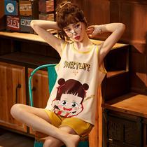 Pajamas womens summer cotton sleeveless vest shorts two-piece suit Korean version of fresh student cute thin home clothes