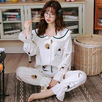 Pajamas cotton long-sleeved spring and autumn womens baby collar cardigan sweet princess style thin plus size 200 kg home clothes