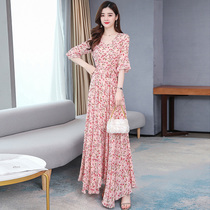 Long Chiffon middle-aged mom dress female over-the-knee large swing simple noble long dress ankle to ankle summer to ankle