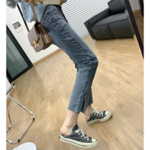  Blue and gray nine-point high jeans womens early autumn new high-waist stretch slim-fit cigarette tube split burrs pencil pants