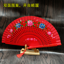 Dance fan Red fan Solid wood fan Bone opening and closing smooth double-sided fan Cheongsam stage catwalk performance folding fan