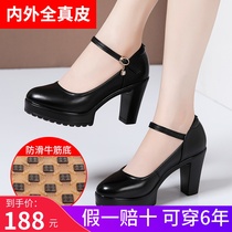 Cheongsam model special performance catwalk high heels round head thick with one-word buckle soft cowhide non-slip leather single shoes women