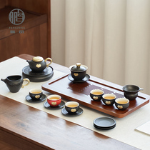 Black pottery Kung Fu tea set Household living room cover bowl Tea cup Ceramic tea pot Light luxury small set of high-grade gift box