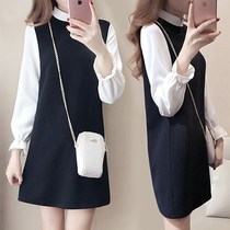 Spring and Autumn Thin Loose Thin Fat mm Long Sleeve Bottom Top Dress Female Fake Two Korean A- line dress Size