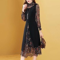 2021 Spring and Autumn Womens Chiffon Floral Dress Womens Fashion Temperament New Size Medium Long Temperament Fake Two Pieces