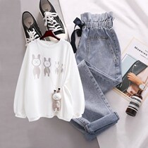 Autumn new Korean pullover doll printed sweater elastic waist straight jeans two-piece fashion suit women