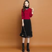 Autumn Winter 2021 new female lace base skirt with coat fake two slim long plus velvet knitted dress
