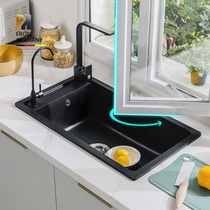 Rock Quartz Stone Sink Single Groove Black Left head washed vegetable basin Kitchen Granite Dishwashing Groove Stepped Vegetable Basin