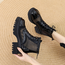 Net yarn thick bottom Martin boots female Inn Wind coarty heel 100 lap 2022 new lace mesh boots Short-cylinder stylish short boots