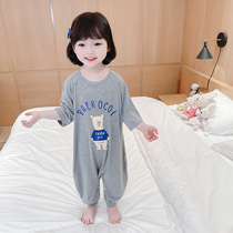 Childrens one-piece pajamas summer baby jumps-off sleeping bag baby cute girl Modal short-sleeved loungewear