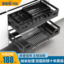 Kitchen basket 304 stainless steel buffer rail drawer type double seasoning cabinet built-in storage dish rack