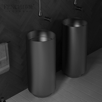 Nordic black round floor basin Hotel Club light luxury stainless steel column basin bathroom anti-kick kick wash basin