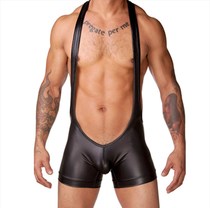 Nightclub Spice Mens Sexy Pants Imitation Leather Lacquered Leather Skintight Hanging Shoulder Shorts Same Sex GAY One-piece Suit Pants