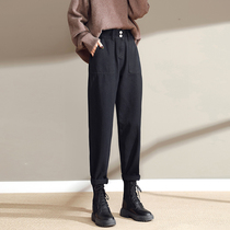 Black jeans womens autumn and winter New loose casual plus velvet thickened Harlan radish nine-point high waist dad pants