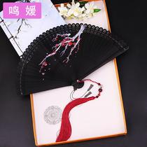 Chinese style full bamboo fan carving Hollow Japanese style male female folding fan handmade red and black small dance fan