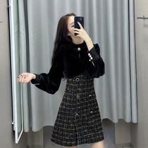 Xiaoxiang light luxury style dress female spring and autumn 2021 New base with celebrity high-end temperament golden velvet skirt