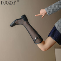 Genuine leather mesh yarn hollowed-out cool boots female summer Roman coarse heel flat flat-bottomed long boots Summer thin air-permeable high-cylinder tennis boots