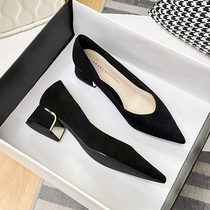 New strong push suede thick heel single shoe woman pointy heels Heel Professional Black Working Shoes