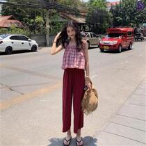 Urban sexy beauty chest wine red) (pants loose leg Plaid sling two-piece color nine-point red