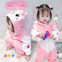 Childrens rabbit conjoined pajamas baby autumn and winter plus velvet padded flannel home clothing coral velvet baby sleeping bag