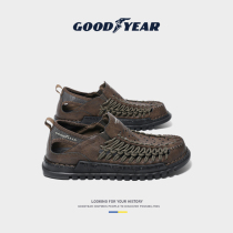 Goodyear genuine leather Baotou sandals mens summer new soft-bottom casual beach shoes men weave holes shoe men